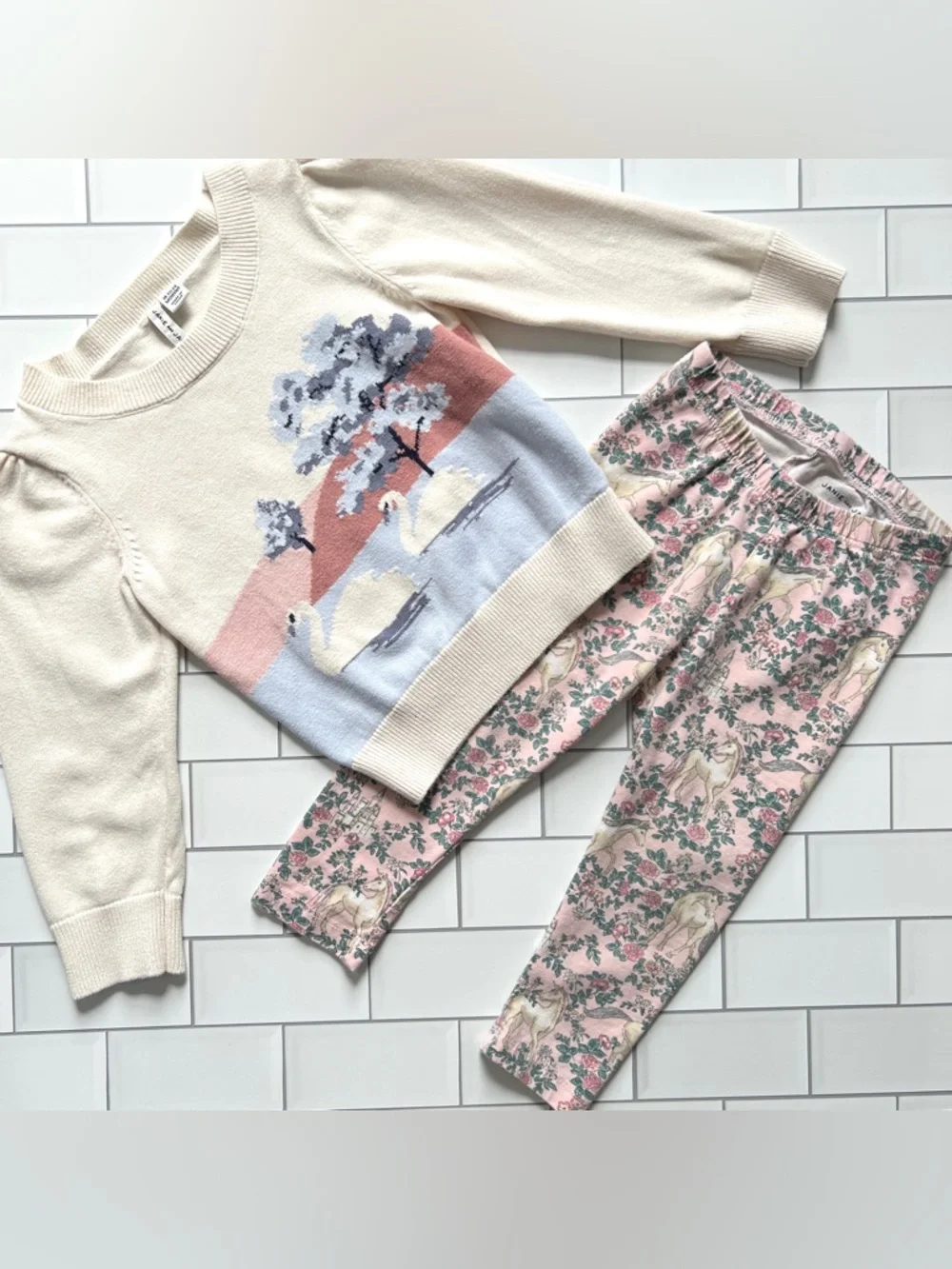 18-24M🦢 Janie & Jack Swan Lake Puff Sleeve Sweater Castle Unicorn Floral Legging